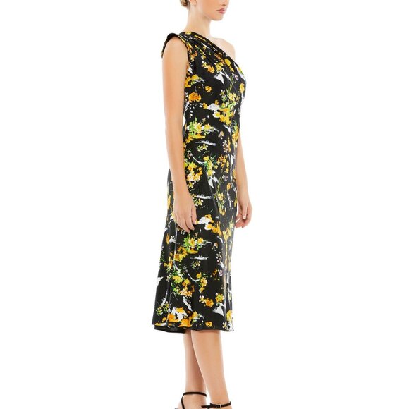 NWT Mac Duggal Black Floral Draped One Shoulder‎ Midi Dress SZ 12 55630 - Picture 4 of 7